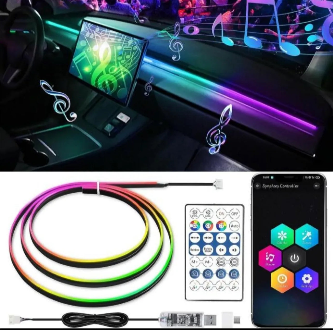Multicolor LED Symphony Ambient Light For Car Interior USB Decoration Atmosphere Neon RGB Rainbow Acrylic Strip Mobile APP Control and Remote Control