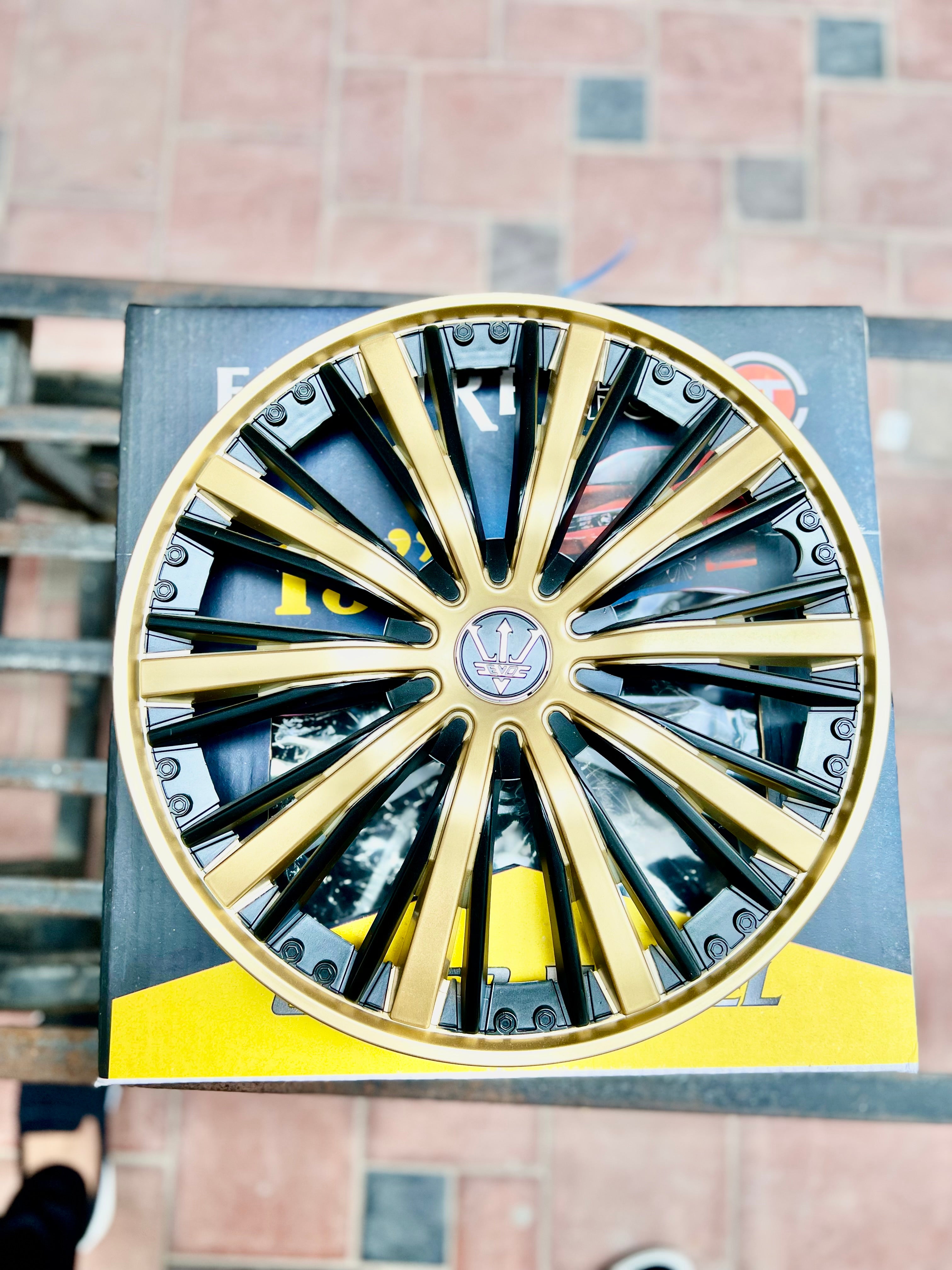 Set of 4 - Premium  Dual-Tone Gold & Black Wheel Cover insta post caption size 12"13"14"15"
