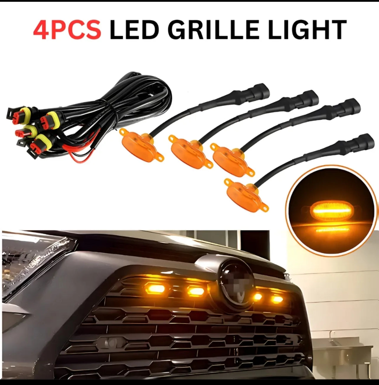 4 Pieces Car Grill Led Lights Daytime Running Lights 12 Volt For Cars, SUV, Trucks Universal Fit Smoked Lens Bright Orange